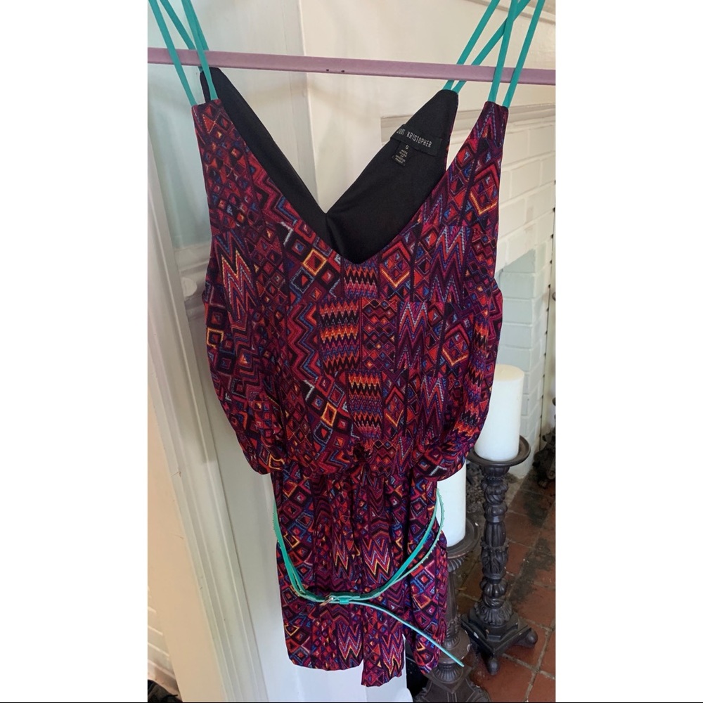 Patterned Romper with turquoise belt